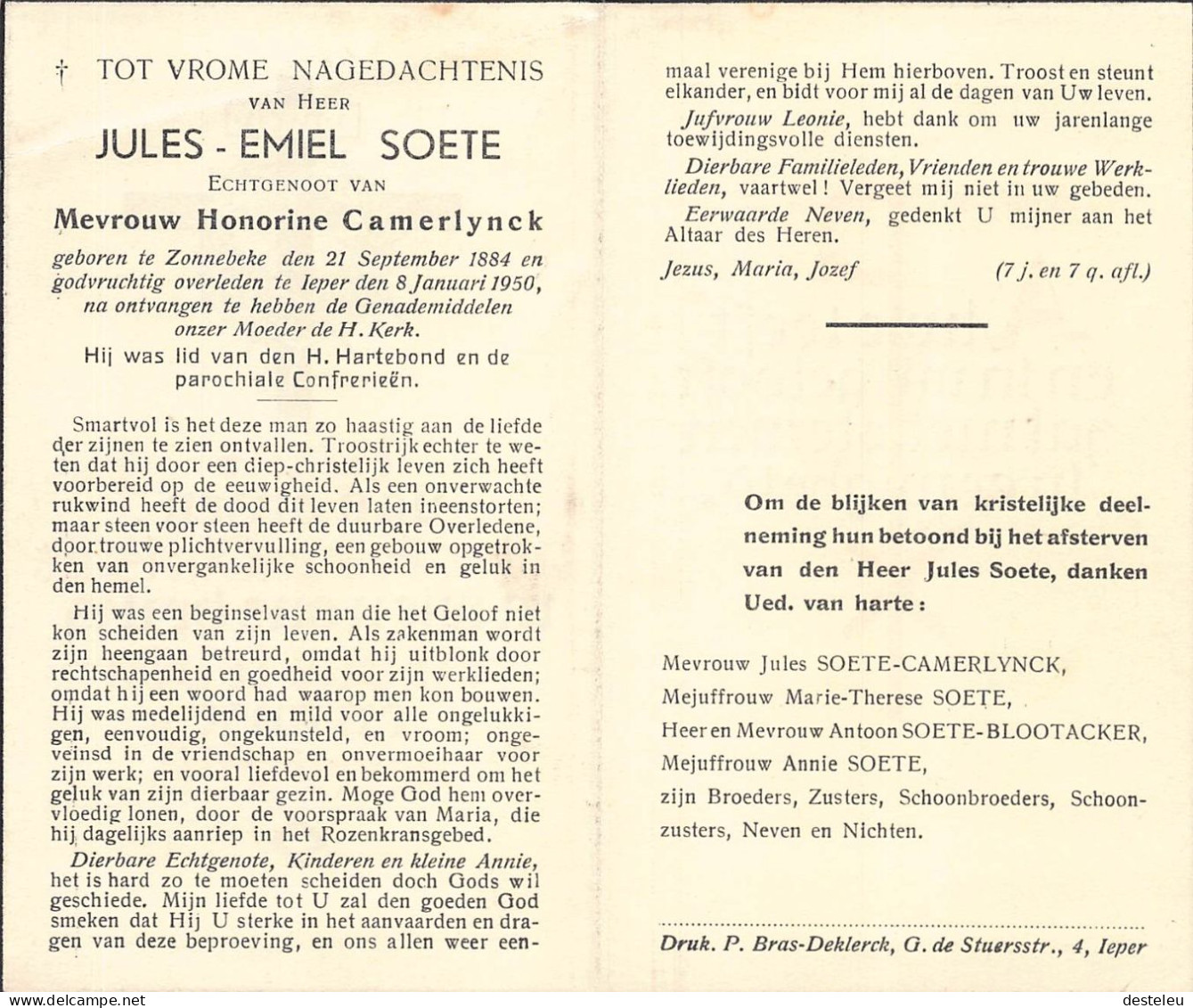 Doodsprentje / Image Mortuaire Jules Soete - Camerlynck Zonnebeke Ieper 1884-1950 - Décès