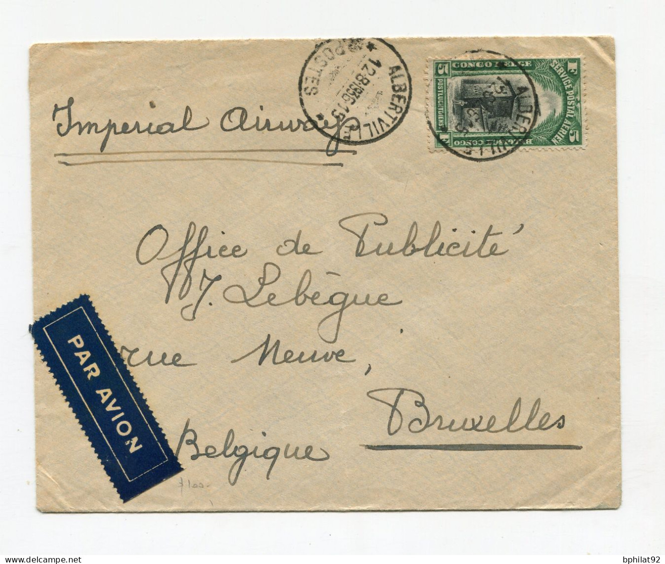 !!! CONGO BELGE, LETTRE PAR AVION D'ALBERTVILLE DE 1936 POUR BRUXELLES - Lettres & Documents