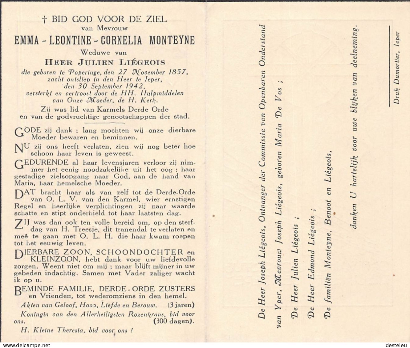 Doodsprentje / Image Mortuaire Emma Monteyne - Liégeois - Poperinge Ieper 1857-1942 - Obituary Notices