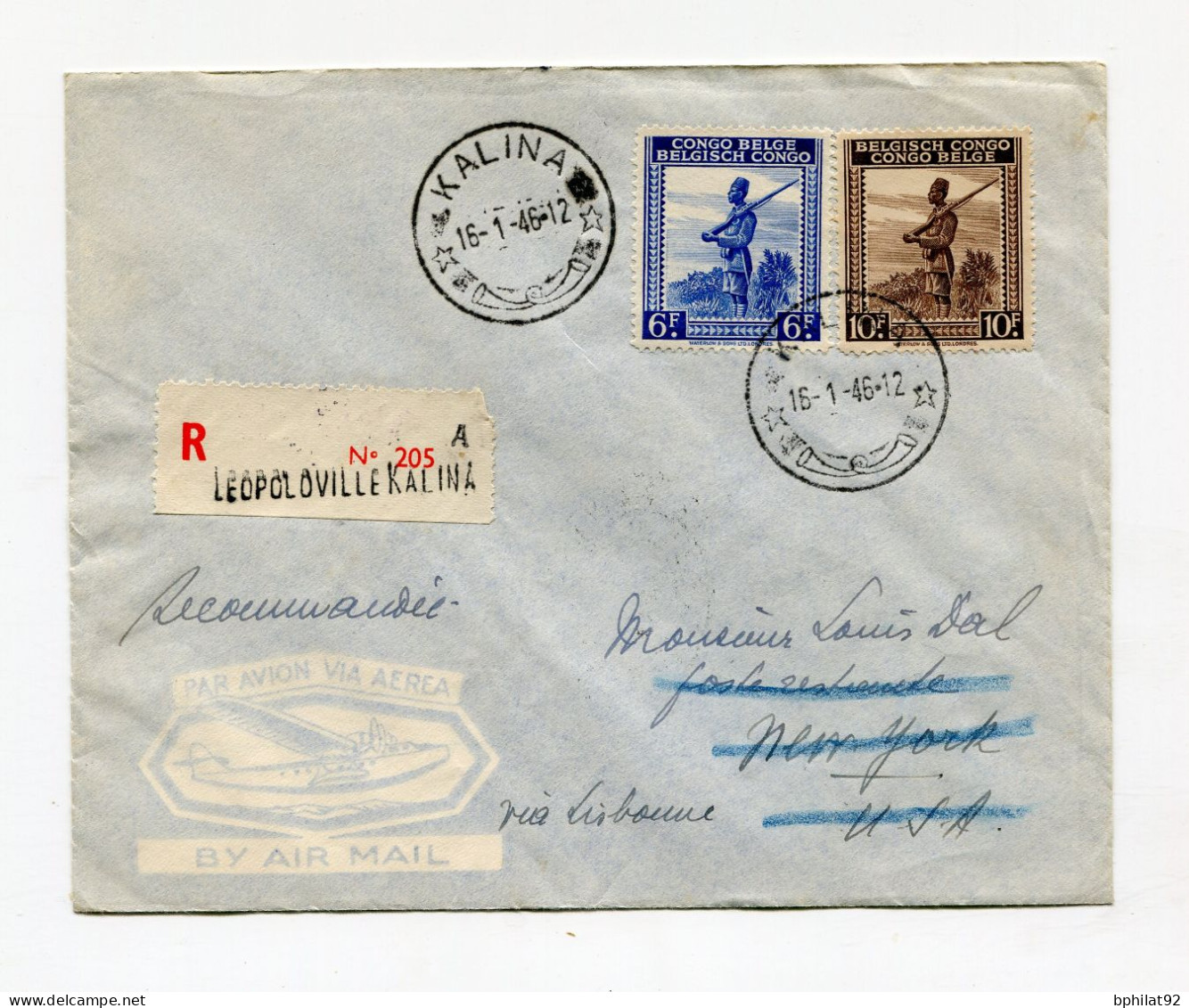 !!! CONGO BELGE, LETTRE RECO DE LEOPOLDVILLE KALINA DE 1946 POUR NEW YORK - Lettres & Documents