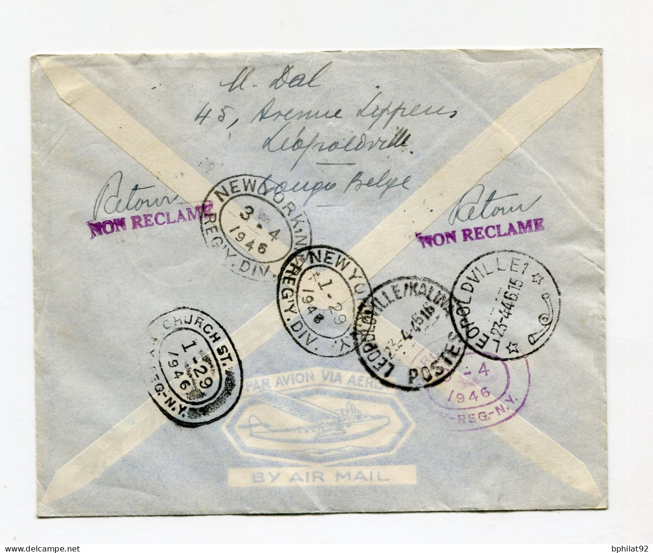 !!! CONGO BELGE, LETTRE RECO DE LEOPOLDVILLE KALINA DE 1946 POUR NEW YORK - Lettres & Documents