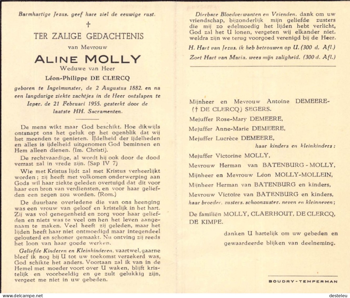 Doodsprentje / Image Mortuaire Aline Molly - De Clercq - Ingelmunster Ieper 1882-1955 - Overlijden