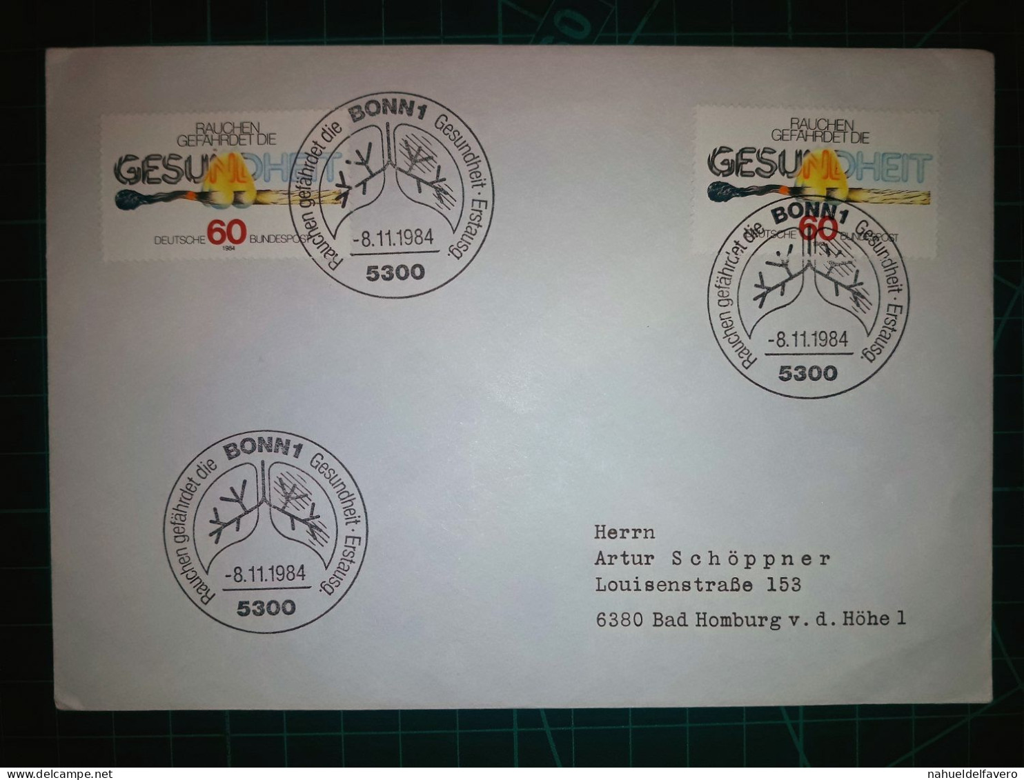 ALEMANIA; Sobre FDC Conmemorativo De "Rauchen Gefahrdet Die Gesundheit". Matasello Et Stamppostal Especial. Año 1984. - 1981-1990