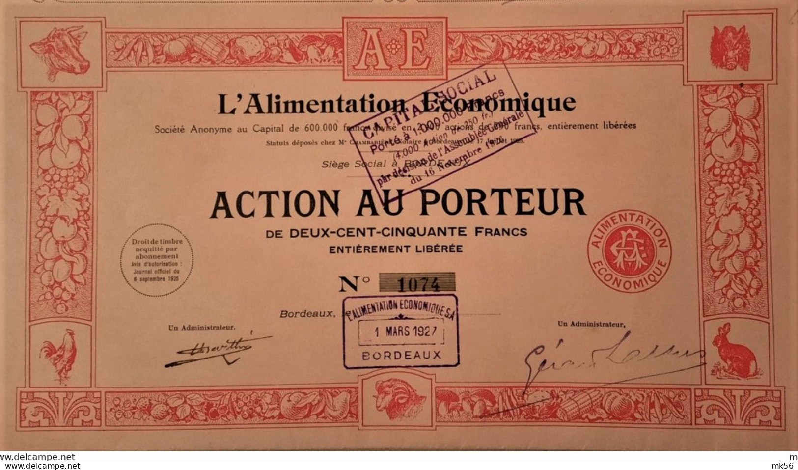 S.A. L'alimentation Economique - Action Au Porteur  (Bordeaux - 1927) - Autres & Non Classés