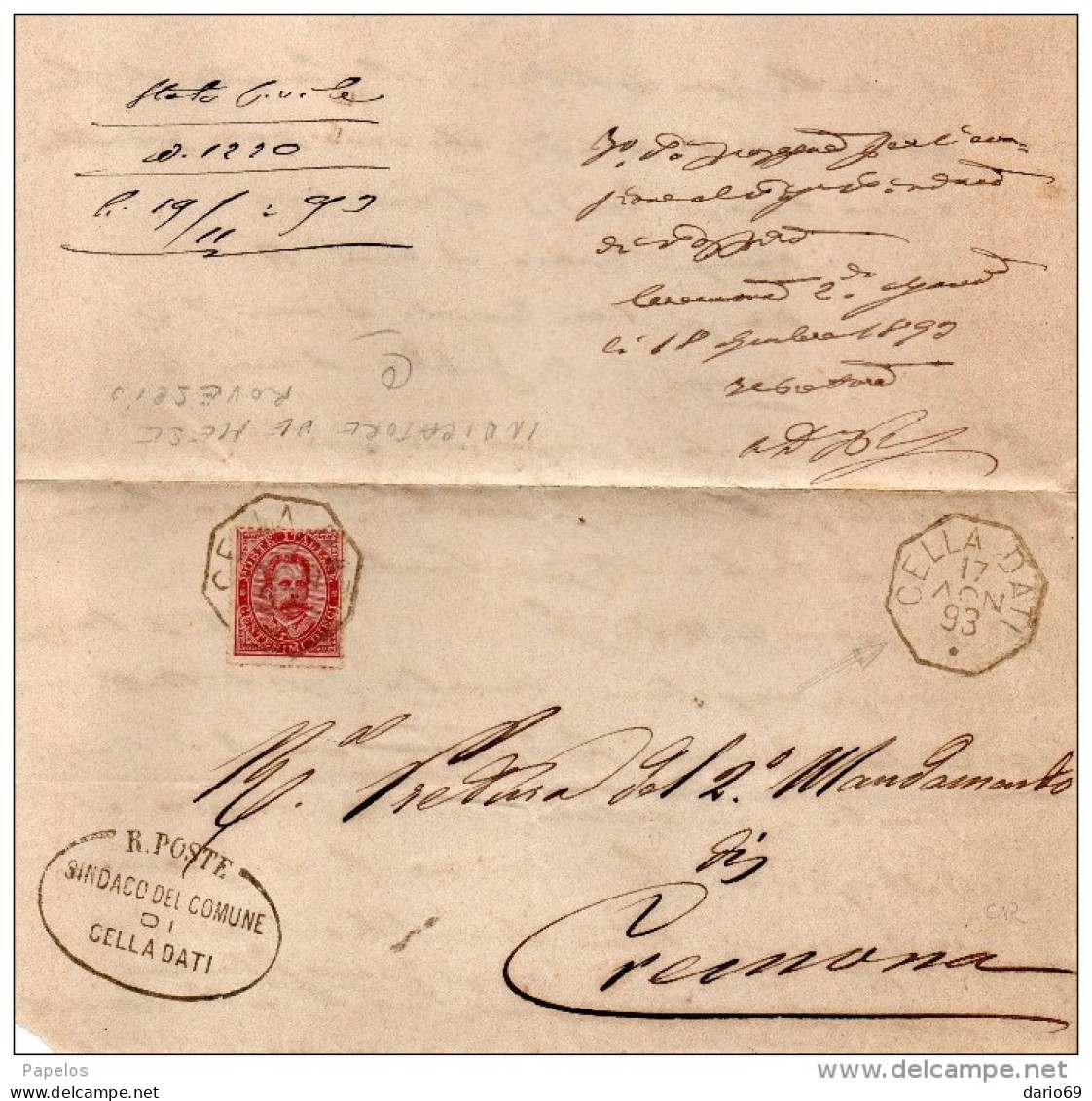 1893  LETTERA CON ANNULLO  OTTAGONALE CELLA DATI CREMONA - Poststempel