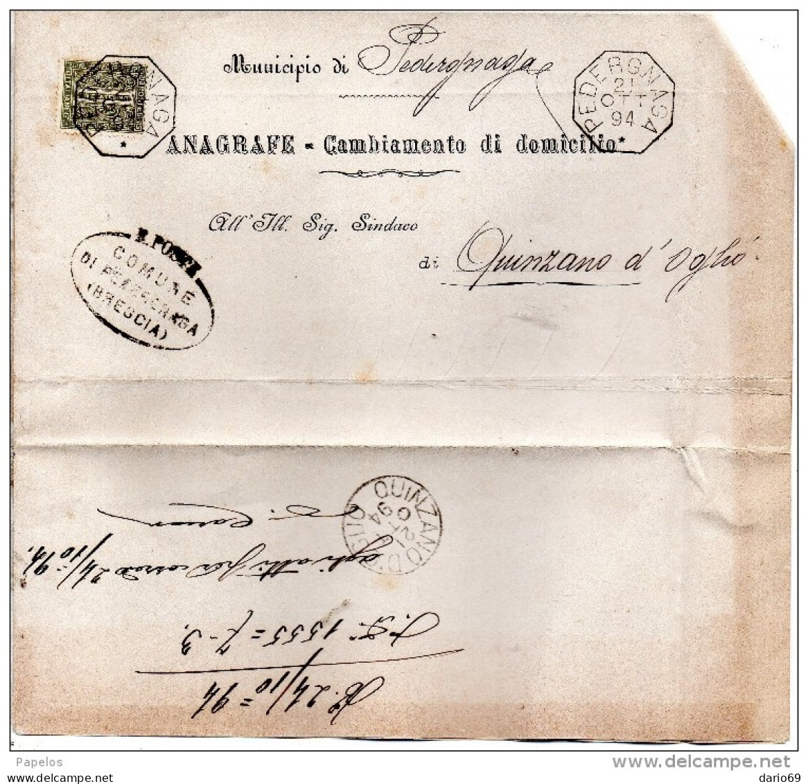 1894 LETTERA CON ANNULLO  OTTAGONALE  PEDERGNAGO  BRESCIA - Mint/hinged
