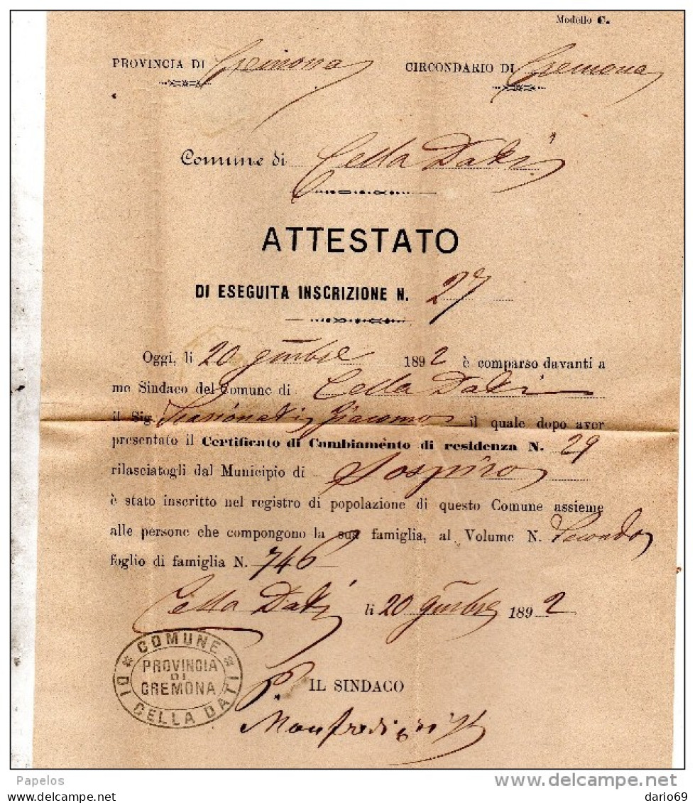 1892  LETTERA CON ANNULLO  OTTAGONALE CELLA DATI CREMONA - Marcophilie