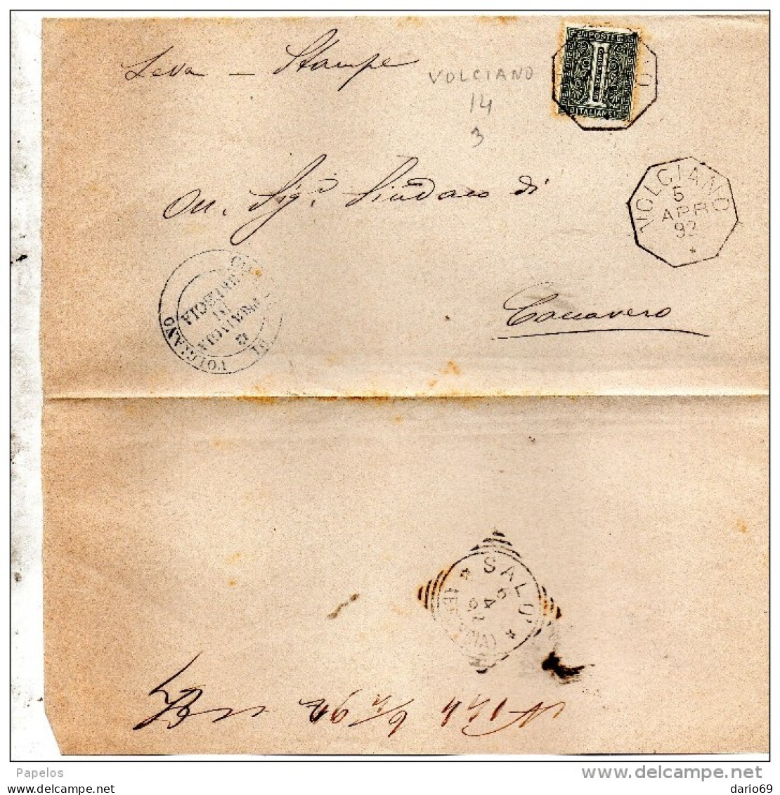 1892  LETTERA CON ANNULLO  OTTAGONALE VOLCIANO BRESCIA - Marcofilie