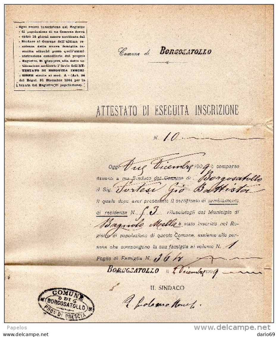 1909  LETTERA CON ANNULLO  OTTAGONALE BORGOSATOLLO BRESCIA - Marcophilie