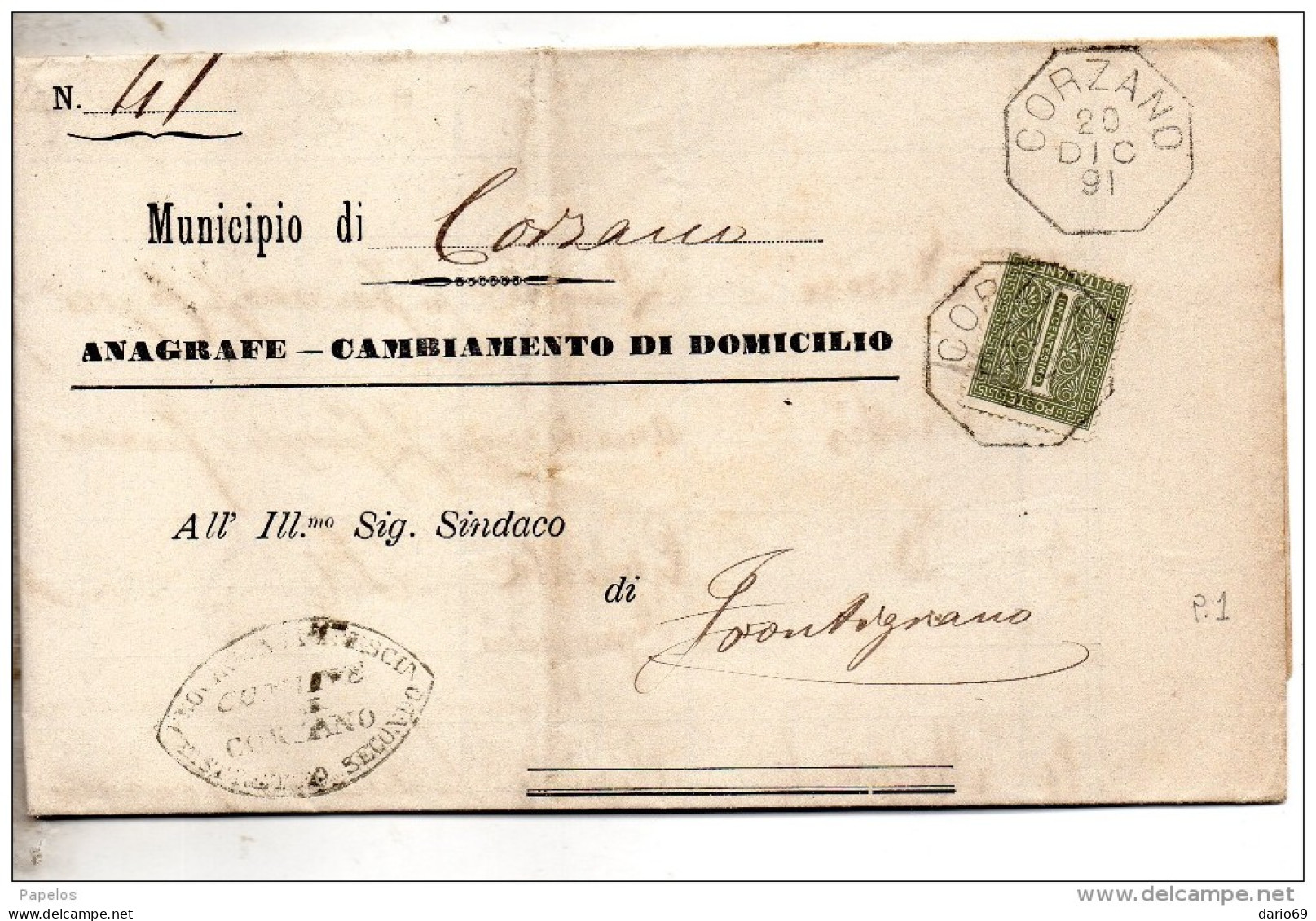 1891  LETTERA CON ANNULLO  OTTAGONALE CORZANO BRESCIA - Marcophilie