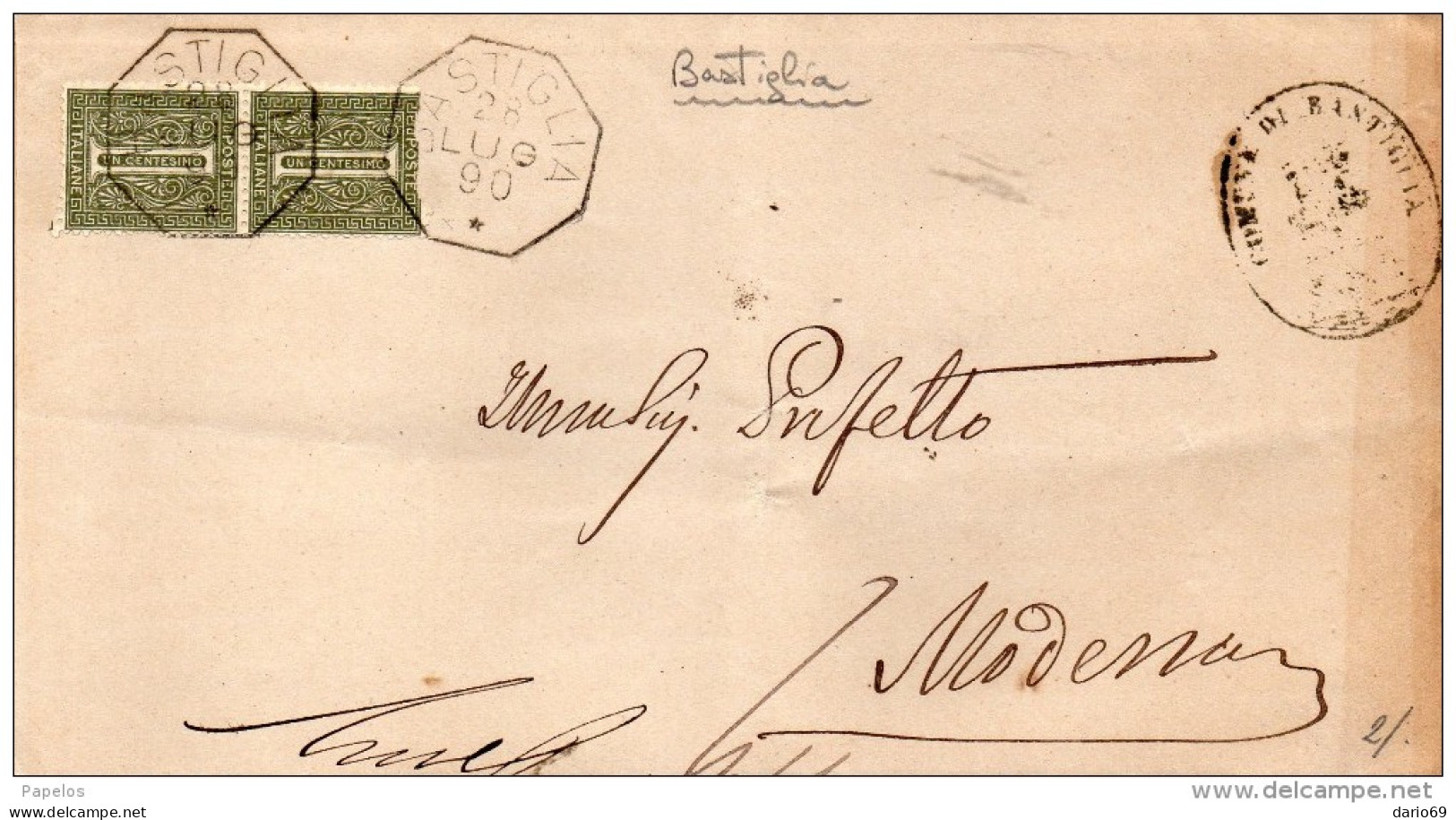 1890  LETTERA CON ANNULLO  OTTAGONALE BASTIGLIA MODENA - Marcophilie