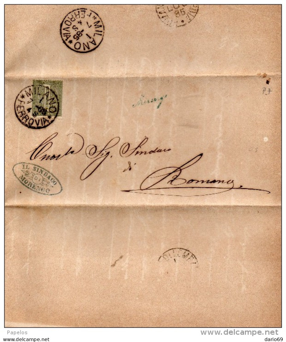1885 LETTERA CON ANNULLO  IN CORSIVO MORENGO  BERGAMO + MILANO - Marcophilie