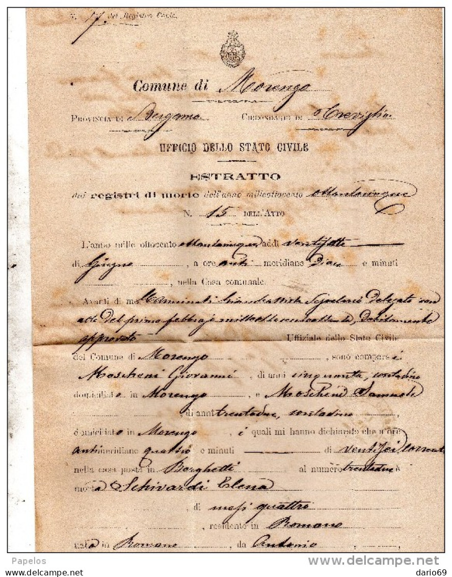 1885 LETTERA CON ANNULLO  IN CORSIVO MORENGO  BERGAMO + MILANO - Marcophilie