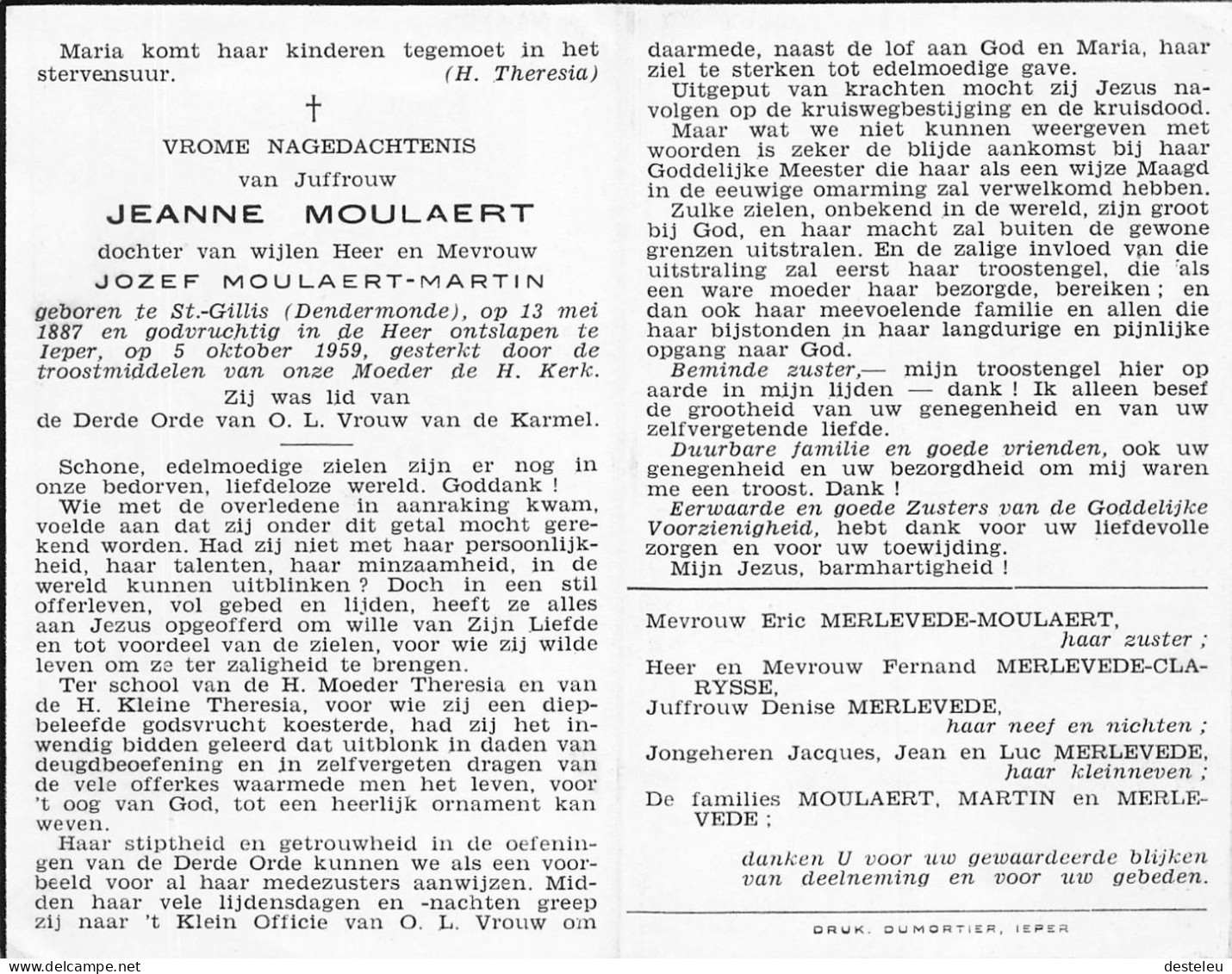 Doodsprentje / Image Mortuaire Jeanne Moulaert - Martin - Sint-Gillis Dendermonde 1887-1959 - Décès