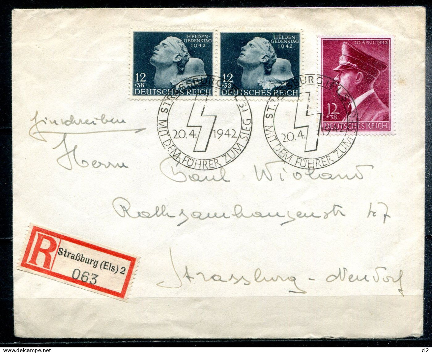 ALLEMAGNE - STRASSBURG (Els) - 20.4.1942 - MIT DEM FÜHRER ZUM SIEG (lettre Recommandée Pour Strasbourg) - Brieven En Documenten