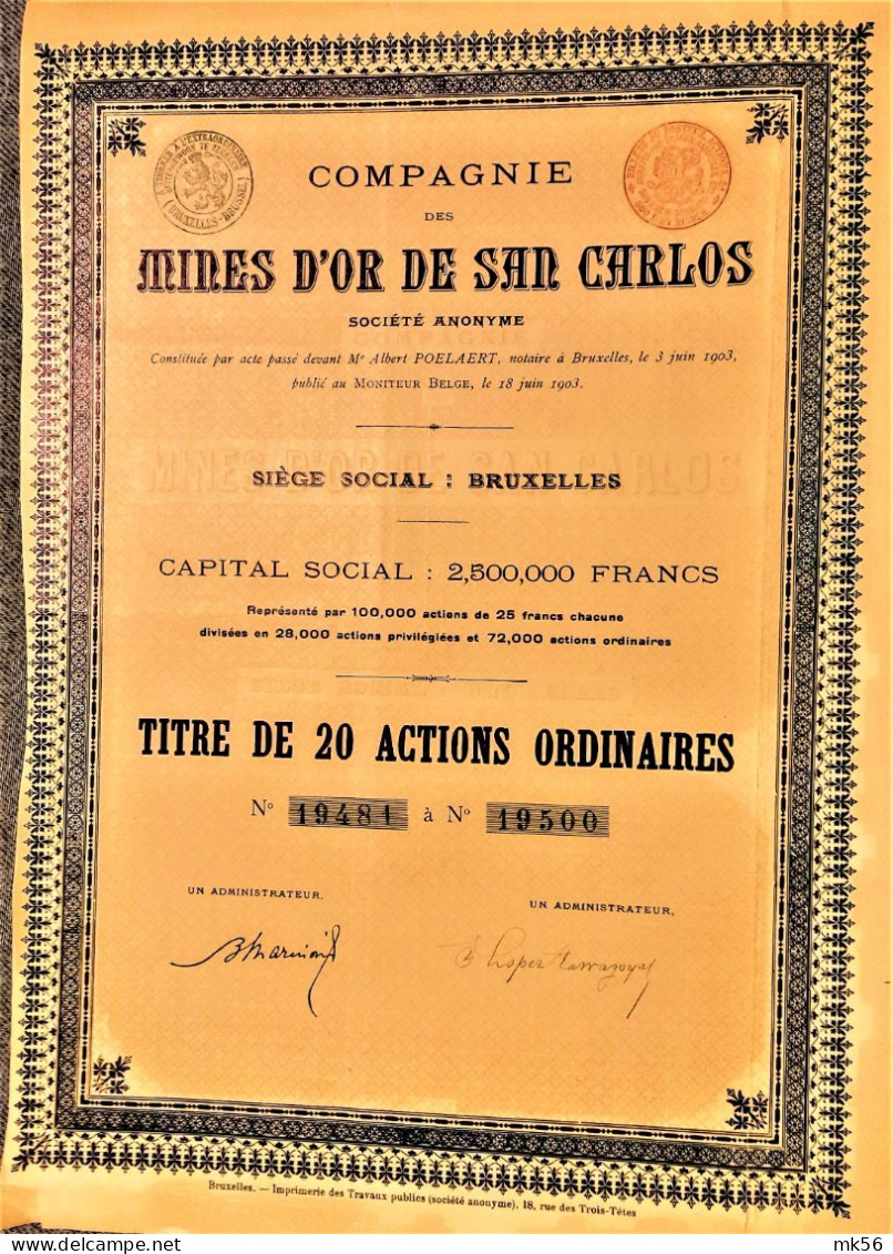 S.A. Compagnie Des Mines D'or De San Carlos (1903) - Mijnen