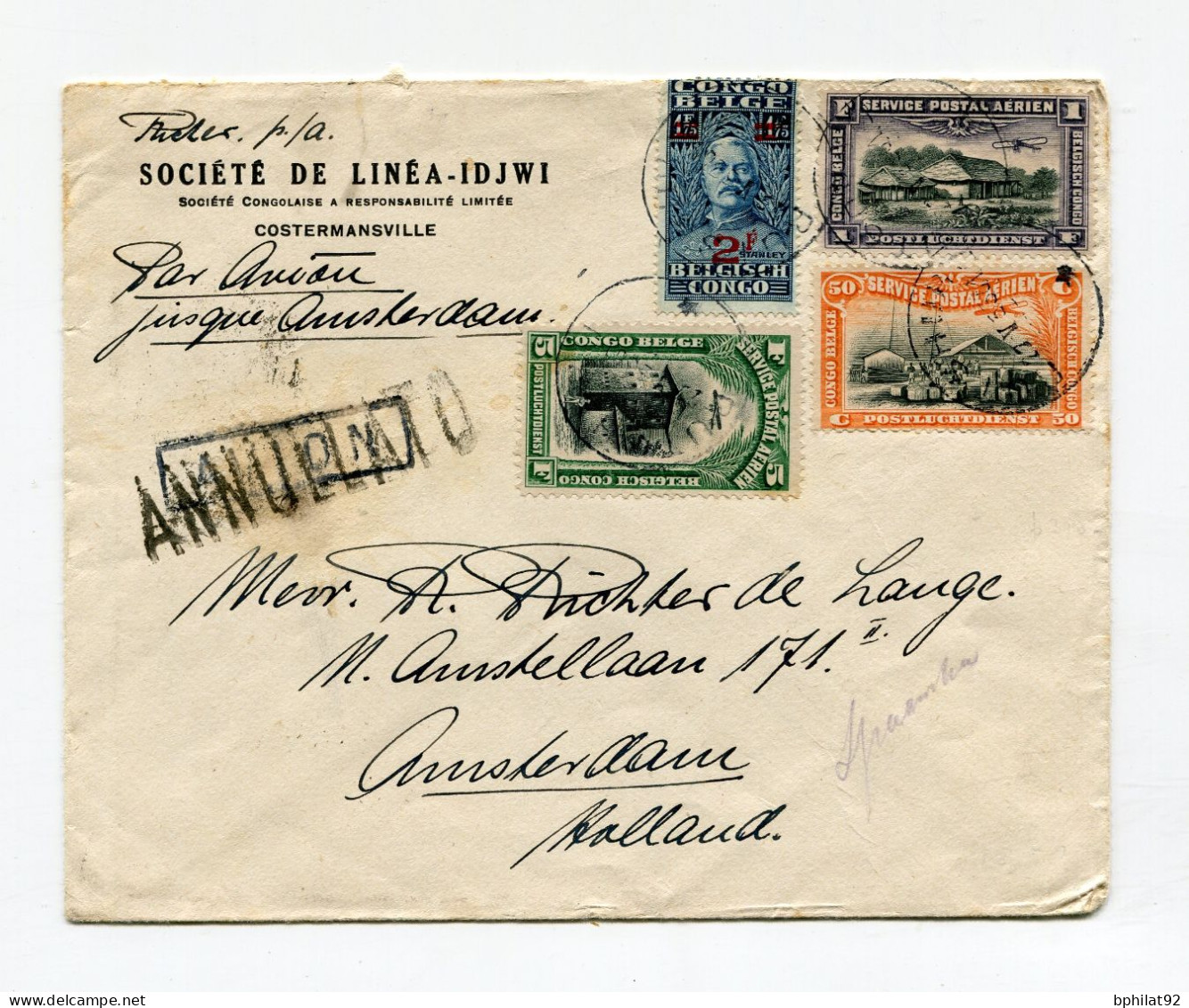 !!! CONGO BELGE, LETTRE PAR AVION DE COSTERMANVILLE DE 1933 POUR AMSTERDAM - Brieven En Documenten