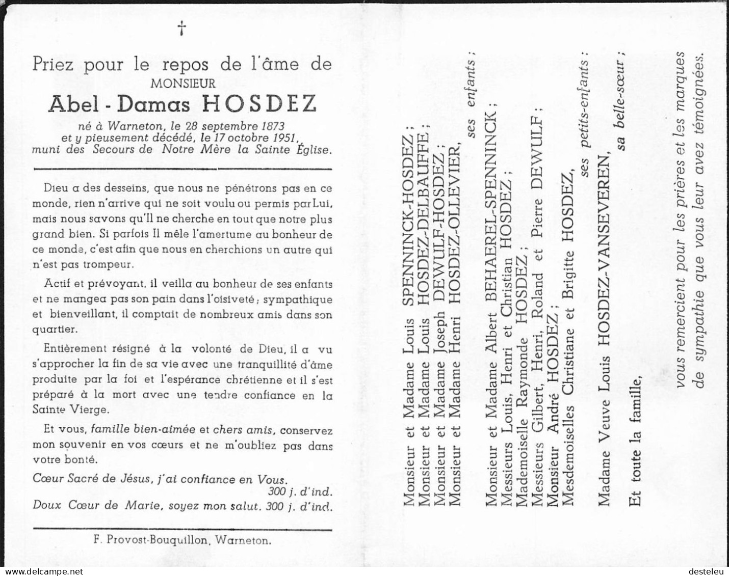 Doodsprentje / Image Mortuaire Abel Hosdez - Warneton 1873-1951 - Obituary Notices