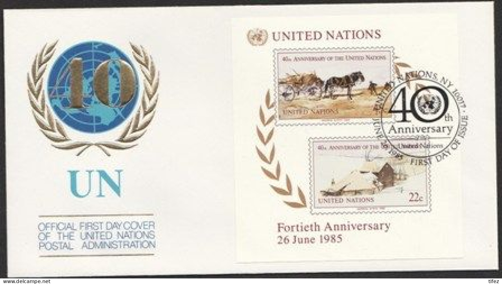 FDC/ONU/New-York/1985/ 40° Anniversaire De L'ONU : Bloc    (NY08) - FDC