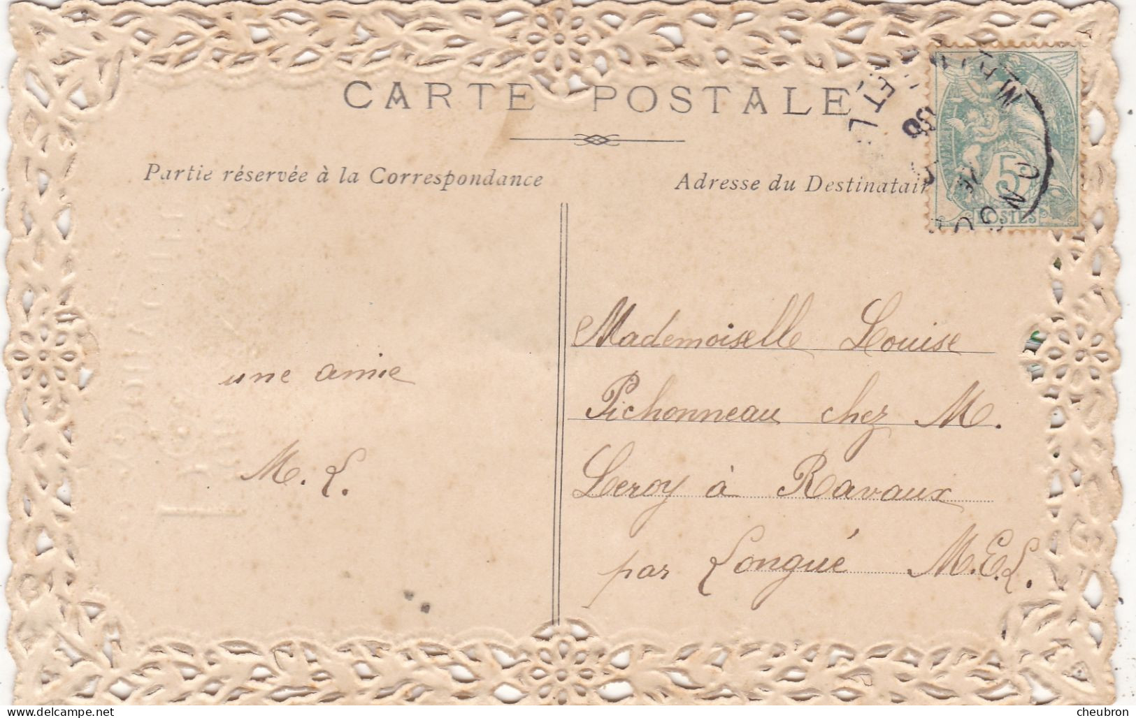 FETES- VOEUX.. CPA BORDS FACON DENTELLE. " BON SOUVENIR " . MOTIFS AJOUTES . BOUQUET DE FLEURS. ANNEE 1905 + TEXTE - Autres & Non Classés