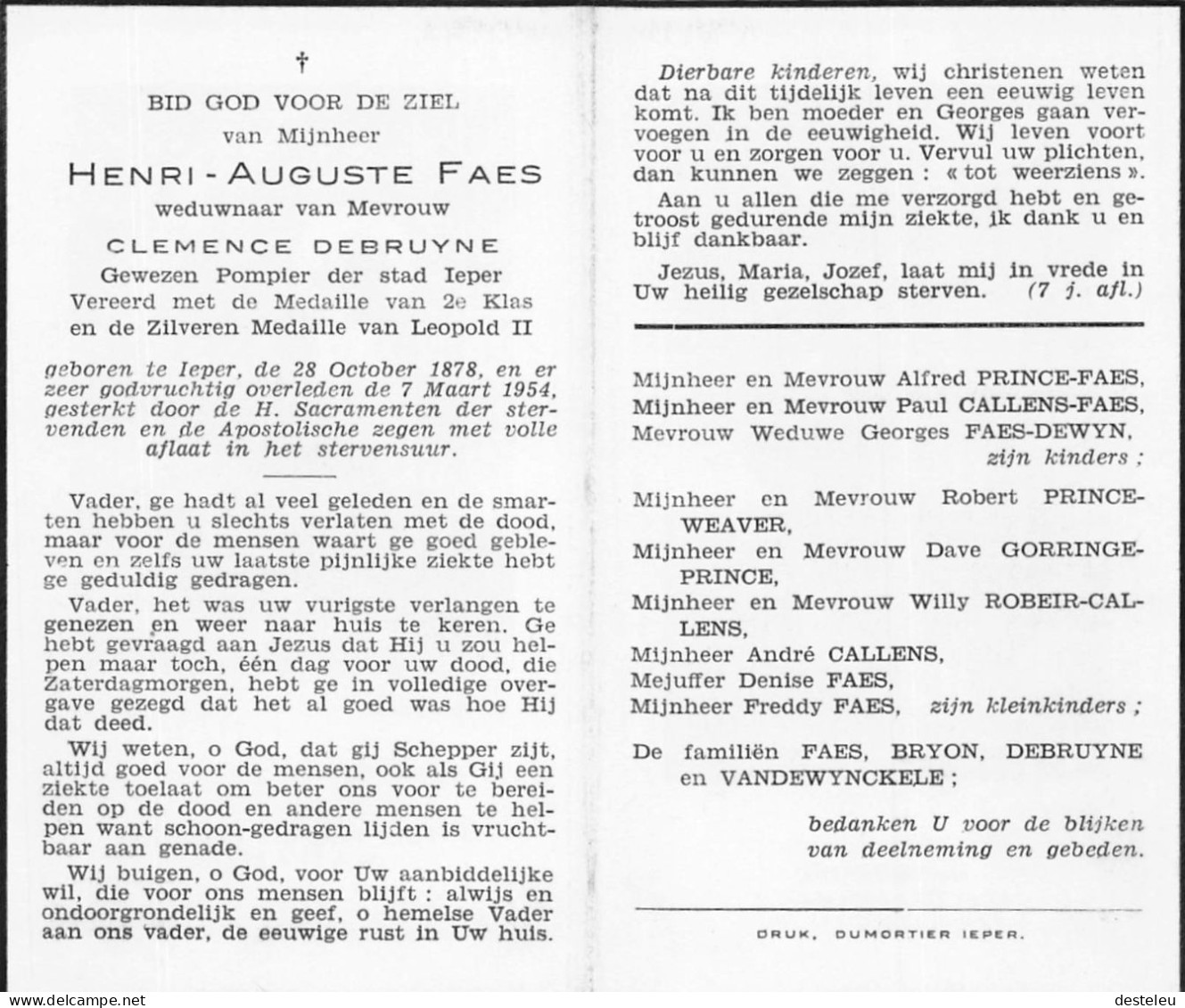 Doodsprentje / Image Mortuaire Henri Faes - Debruyne - Pompier - Ieper 1878-1954 - Obituary Notices