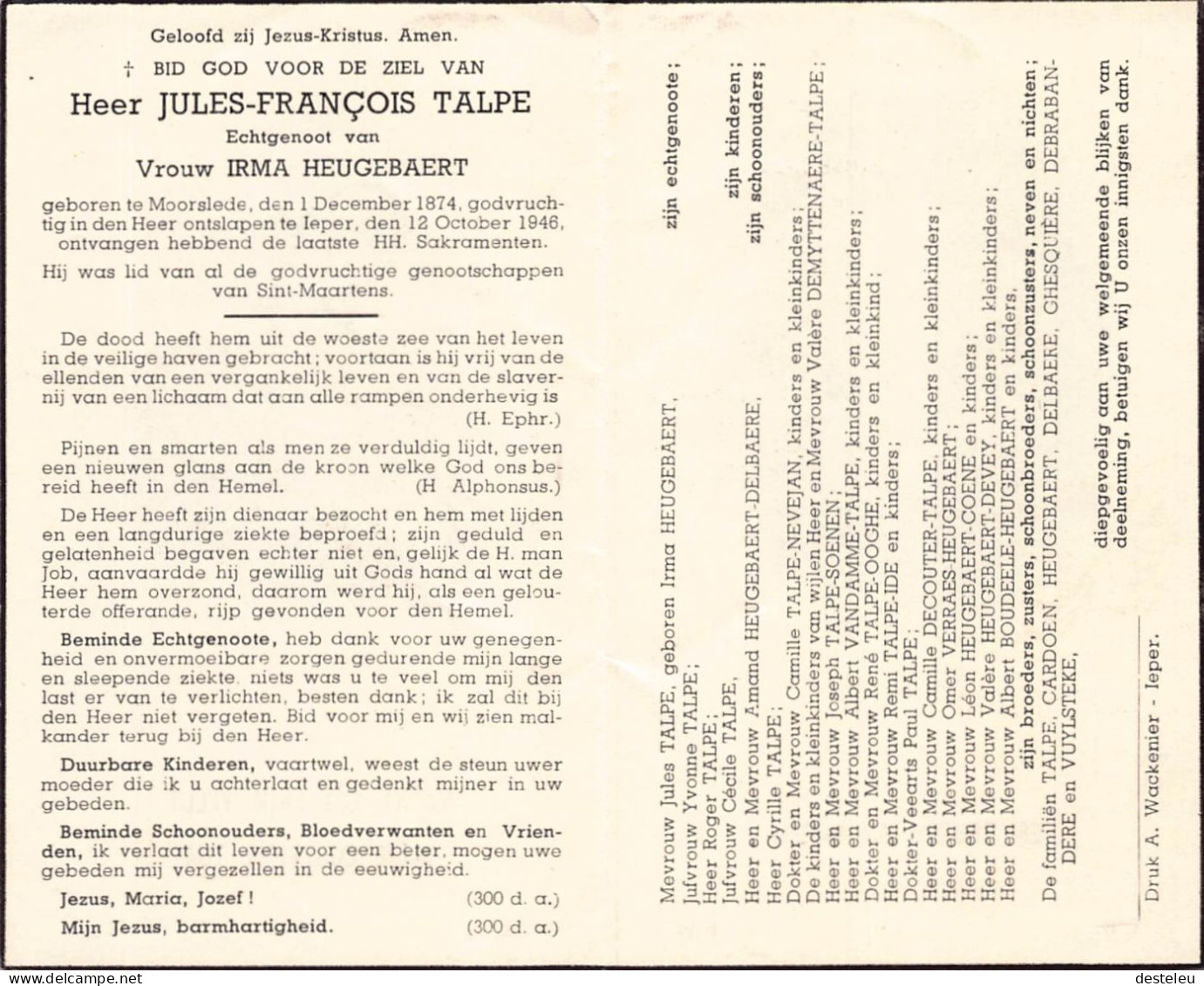 Doodsprentje / Image Mortuaire Jules-François Talpe - Heugebaert - Moorslede Ieper 1874-1946 - Todesanzeige