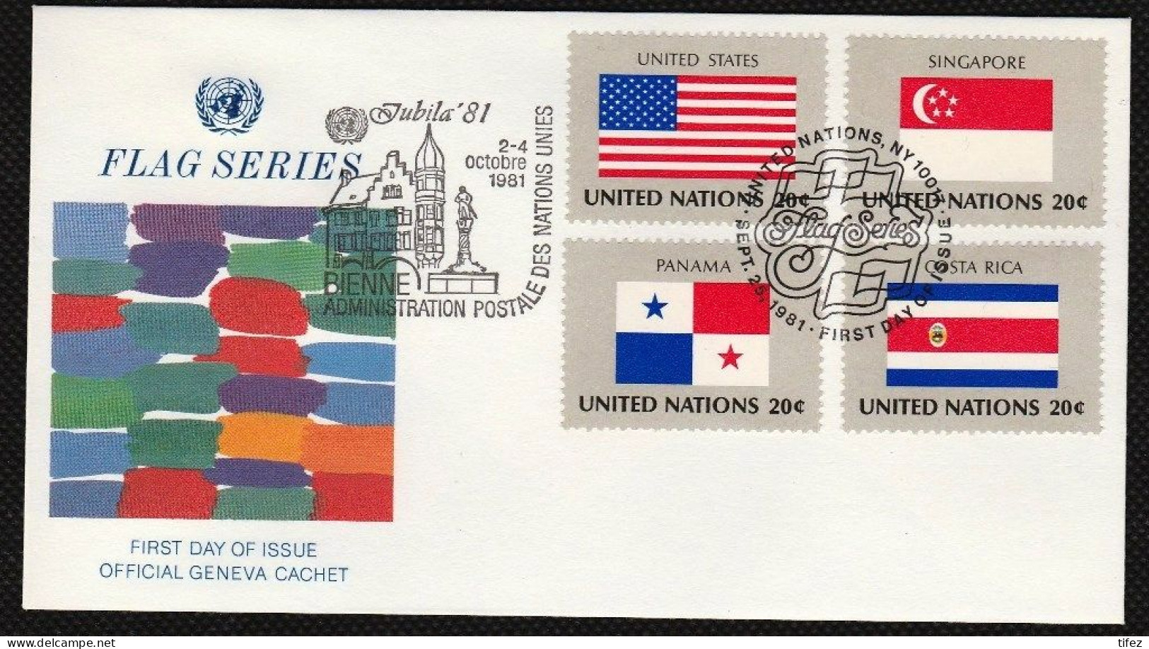 FDC/ONU/New York/Flags/Drapeaux (n37) USA-SINGAPORE-PANAMA-COSTA RICA - FDC