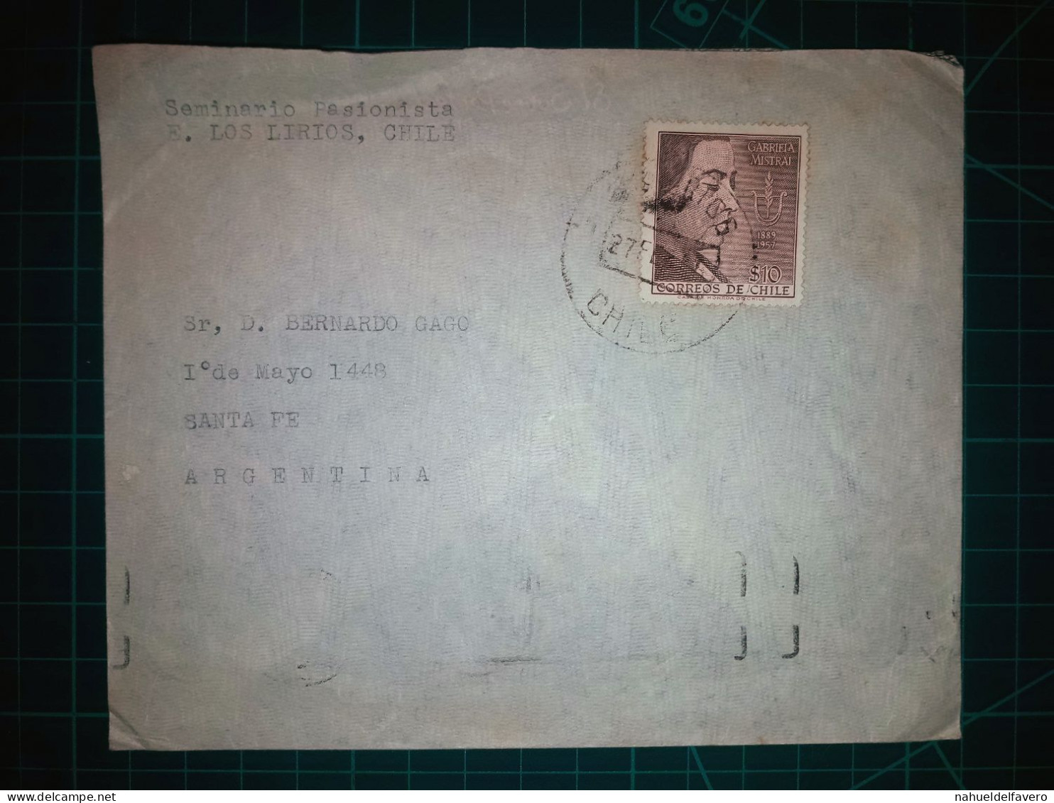 CHILI, Enveloppe Distribuée à Santa Fe, Argentine. Le Cachet De La Poste Est "Los Lirios". Années 1960. - Cile