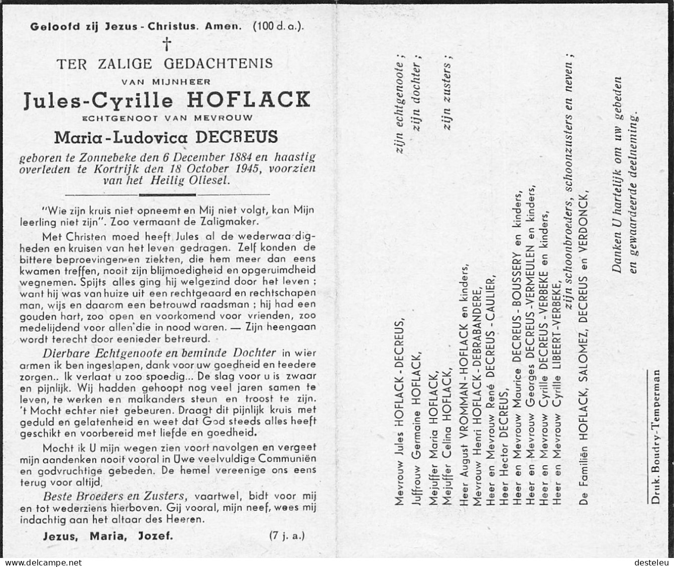 Doodsprentje / Image Mortuaire Jules Hoflack - Decreus - Zonnebeke Kortrijk 1884-1945 - Obituary Notices