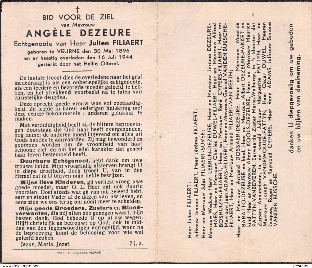 Doodsprentje / Image Mortuaire Angèle Dezeure - Filiaert - Veurne 1896-1944 - Obituary Notices