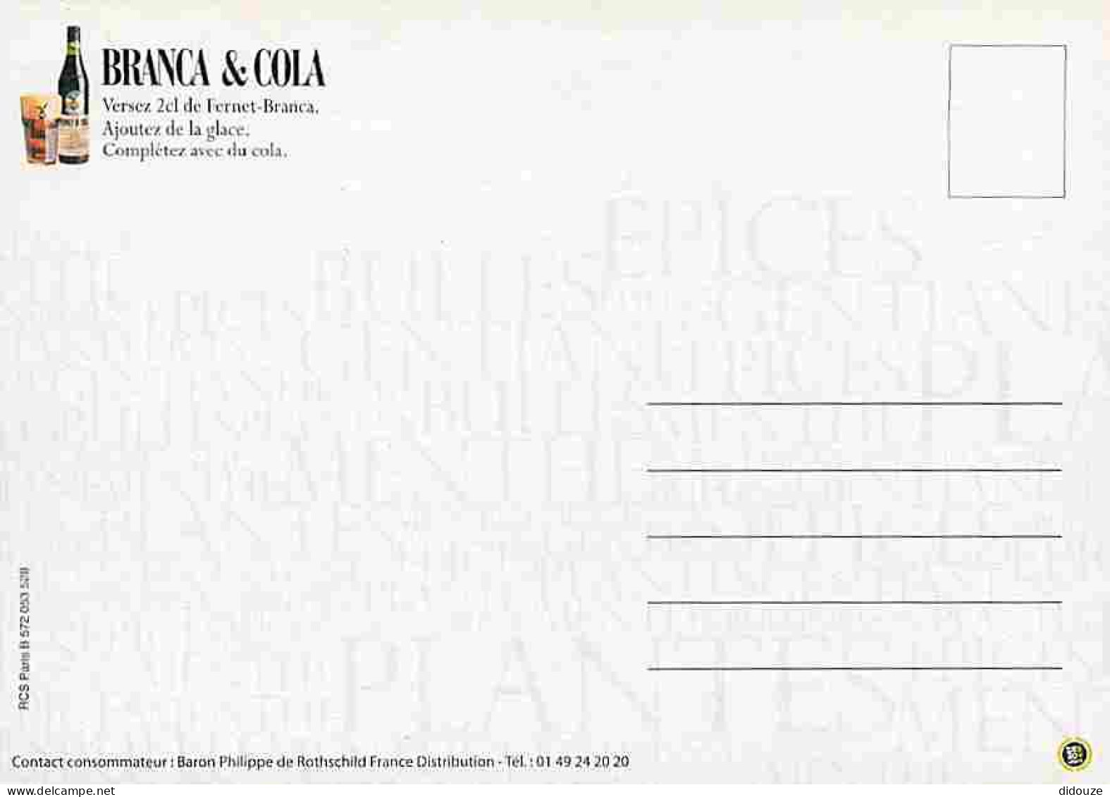 Publicite - Branca Ans Cola - Fernet-Branca - Recette - Carte Neuve - CPM - Voir Scans Recto-Verso - Publicité