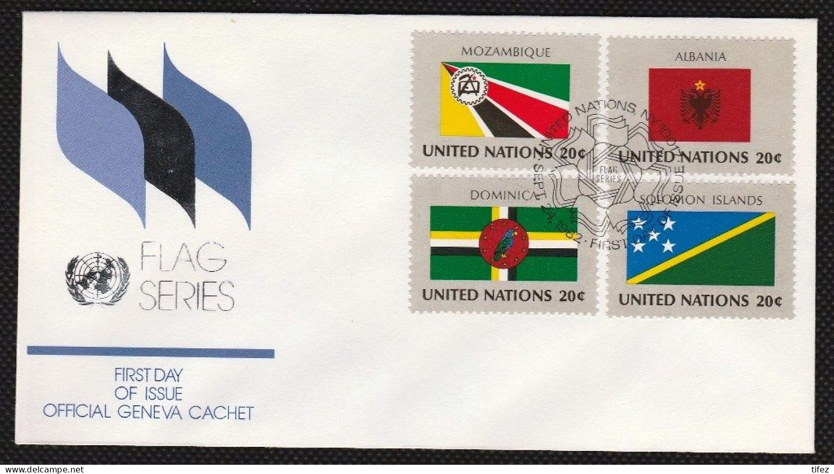 FDC/ONU/New York/Flags/Drapeaux (n22) MOZAMBIQUE-ALBANIA-DOMINICA-SOLOMON ISLANDS - FDC