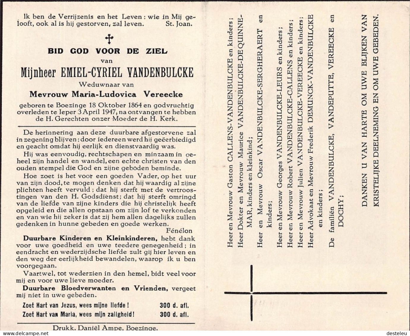 Doodsprentje / Image Mortuaire Emiel Vandenbulcke - Vereecke - Boezinge 1864-1947 - Obituary Notices