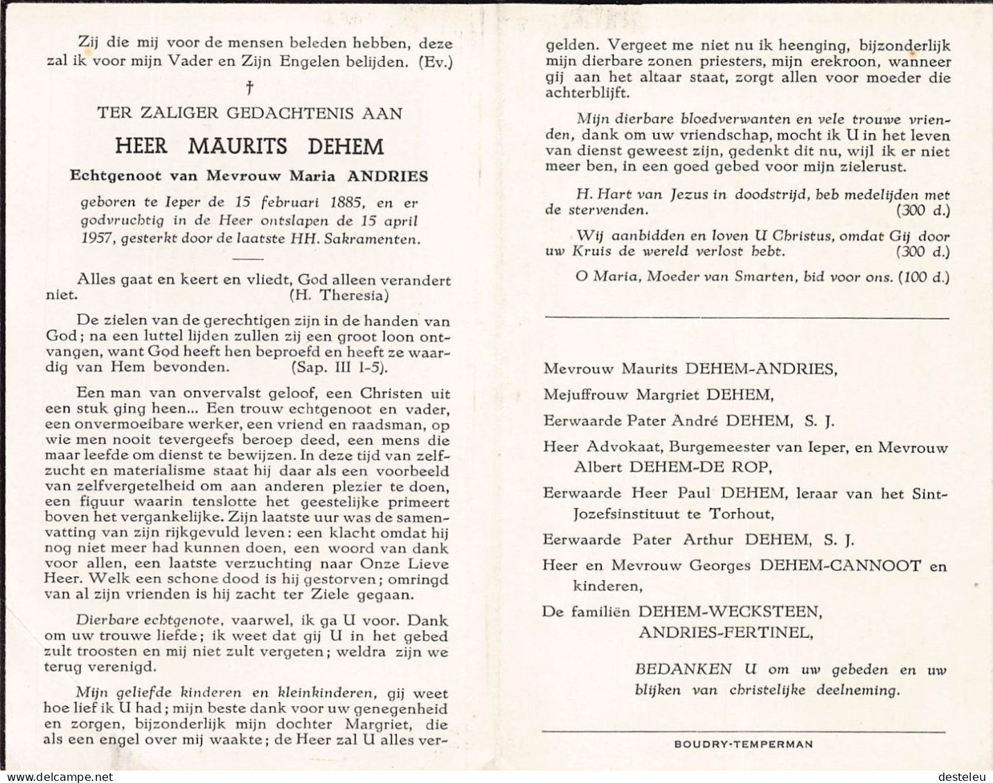 Doodsprentje / Image Mortuaire Maurits Dehem - Andries  - Ieper 1885-1957 - Obituary Notices