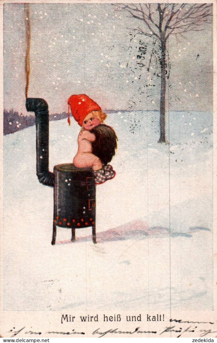 H2577 - Kleines Mädchen Mütze Nackt Sitzt Auf Dem Ofen Im Winter - WSSB - Mir Wird Heiß Und Kalt - 1900-1949