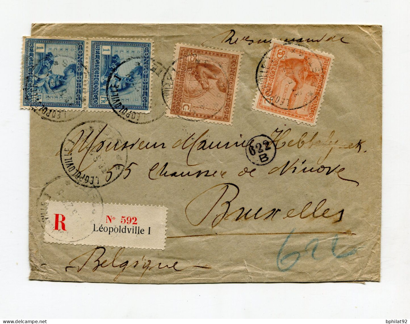 !!! CONGO BELGE, LETTRE RECO DE LEOPOLDVILLE DE 1927 POUR BRUXELLES - Covers & Documents