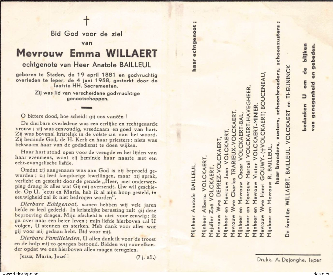 Doodsprentje / Image Mortuaire Emma Willaert - Bailleul Staden Ieper 1881-1958 - Todesanzeige