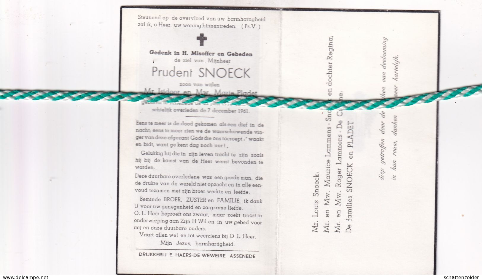 Prudent Snoeck-Pladet, Assenede 1910, 1961 - Todesanzeige