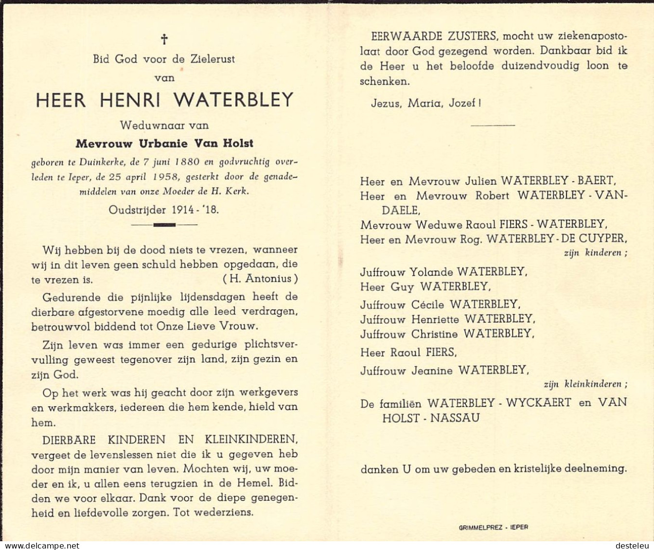 Doodsprentje / Image Mortuaire Henri Waterbley - Van Holst - Duinkerke Dunkerque Ieper 1880-1958 - Todesanzeige