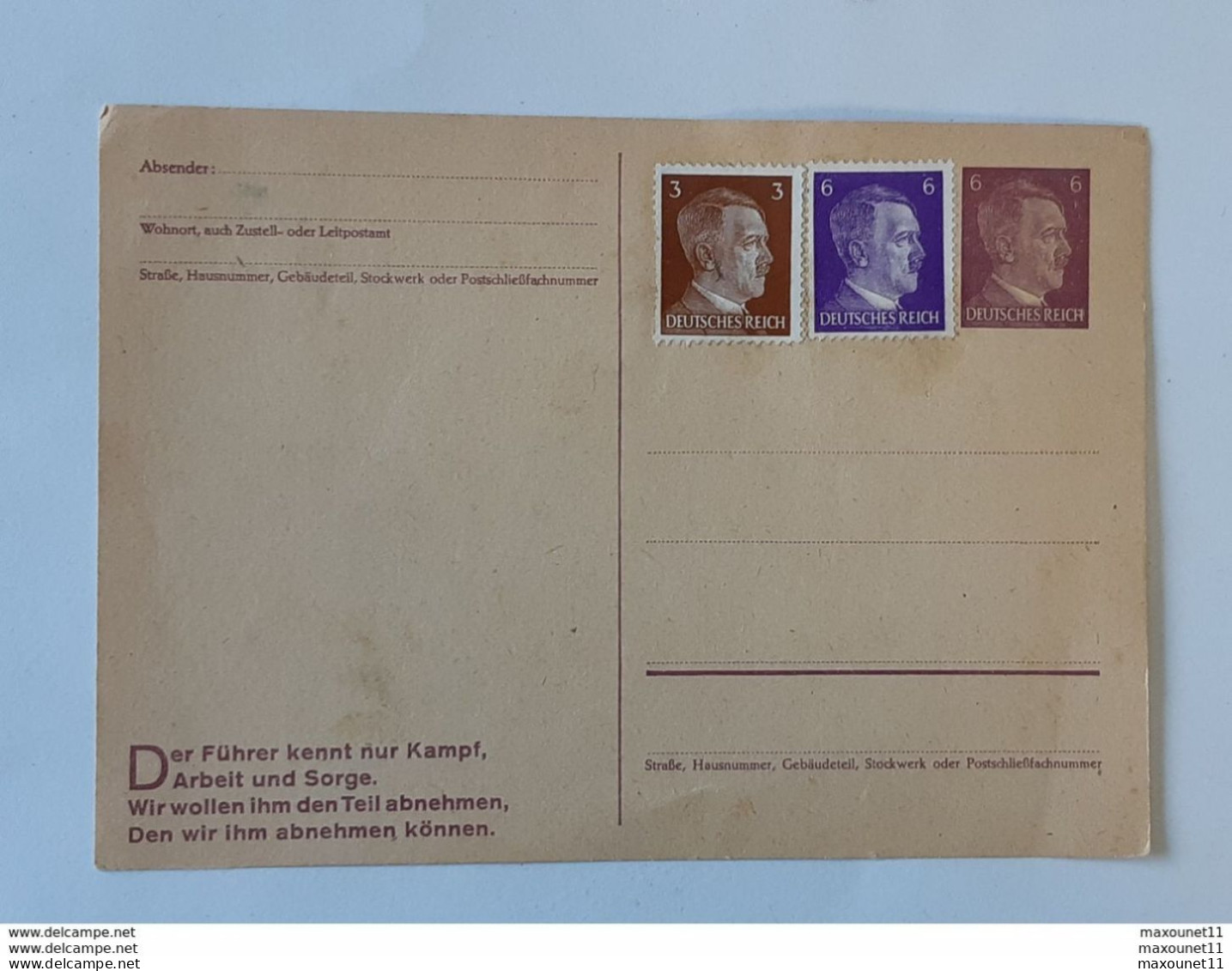 Entier Postal Avec 2 Timbres Hitler - " Der Fuhrer Kennt Nur Kampf , Arbeit Und Sorge ..... " . Lot110 . - Covers & Documents