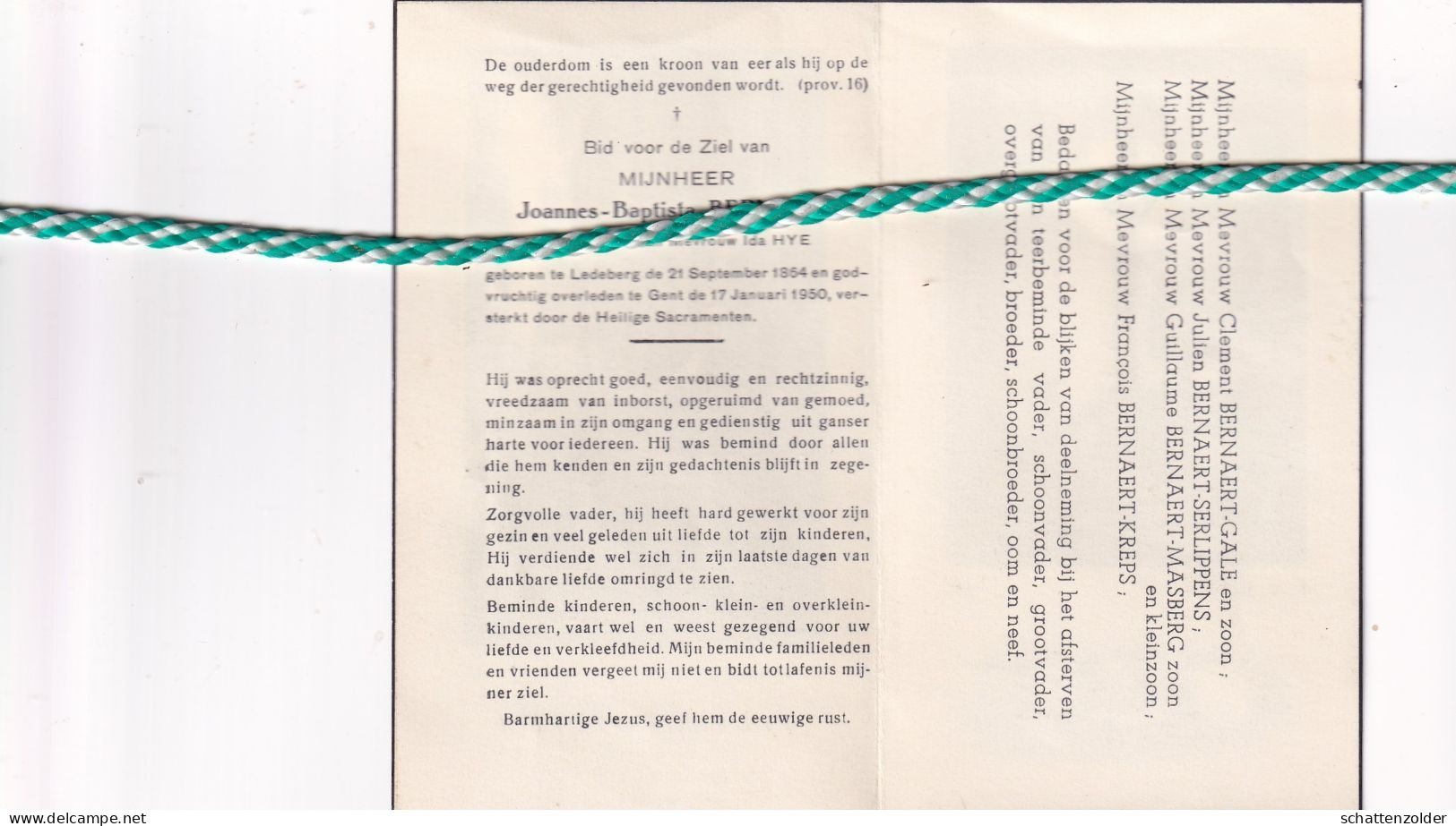 Joannes Baptista Bernaert-Hye, Ledeberg 1864, Gent 1950 - Obituary Notices