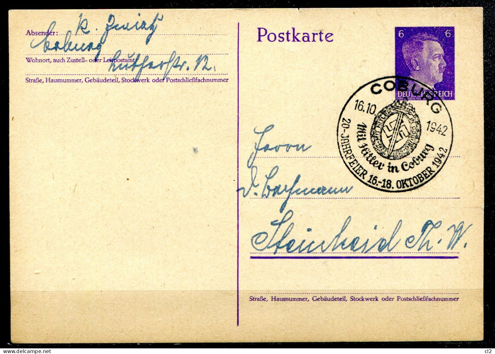 ALLEMAGNE - Ganzsache (entier Postal) Mi 299 - 16.10.1942 - Mit Hitler In Coburg - Tarjetas