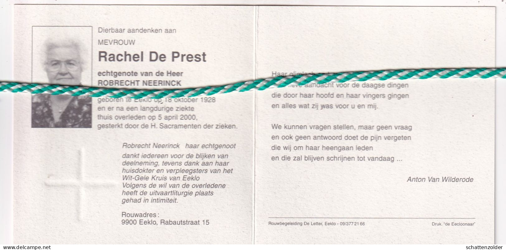 Rachel De Prest-Neerinck, Eeklo 1928, 2000. Foto - Obituary Notices