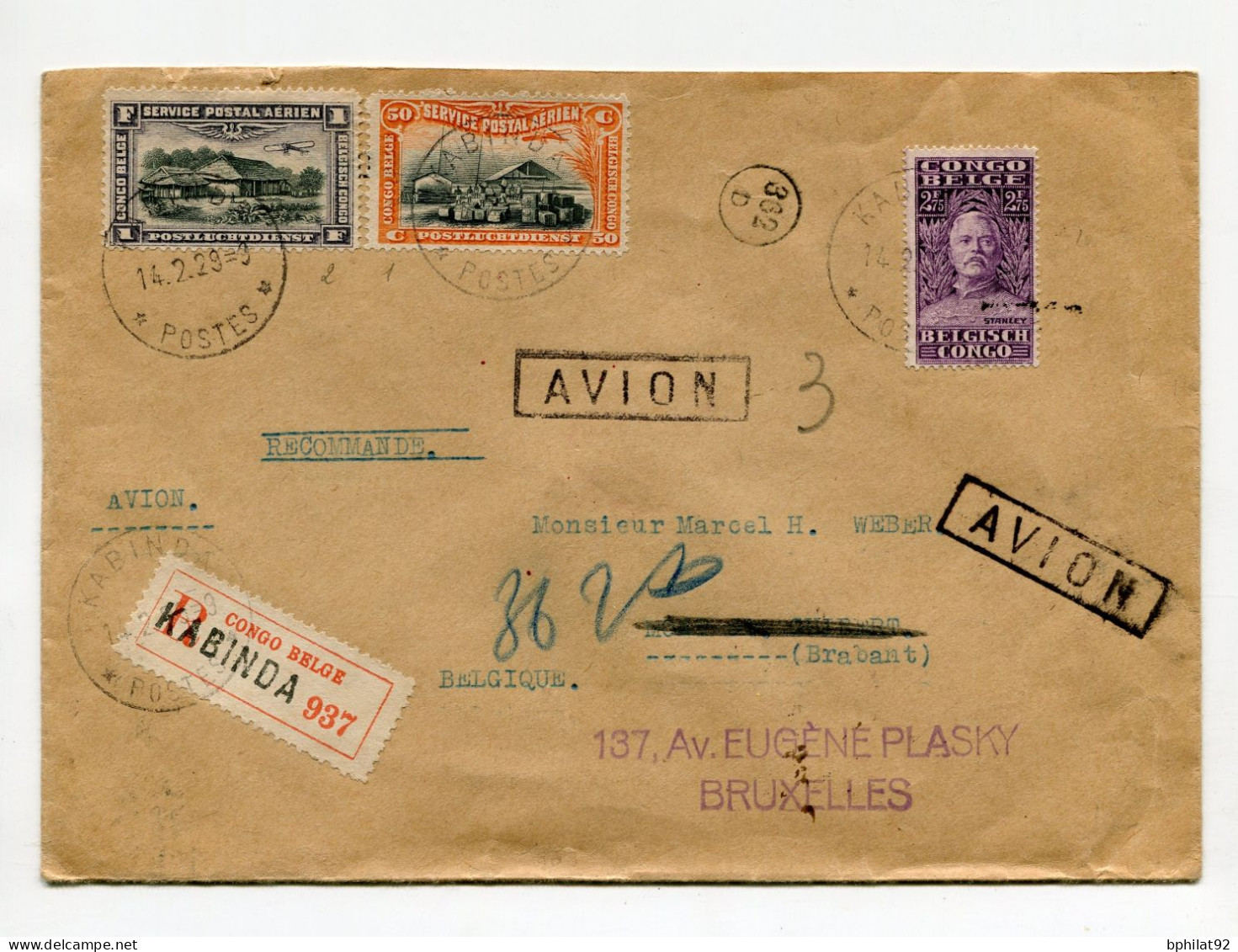 !!! CONGO BELGE, LETTRE RECO PAR AVION DE KABINDA DE 1929 POUR LA BELGIQUE - Lettres & Documents