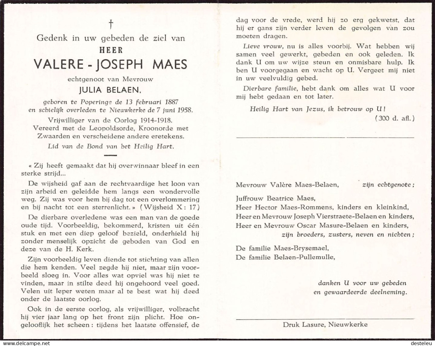 Doodsprentje / Image Mortuaire Valere Maes - Belaen - Poperinge Nieuwkerk Vrijwilleger 1887-1958 - Obituary Notices