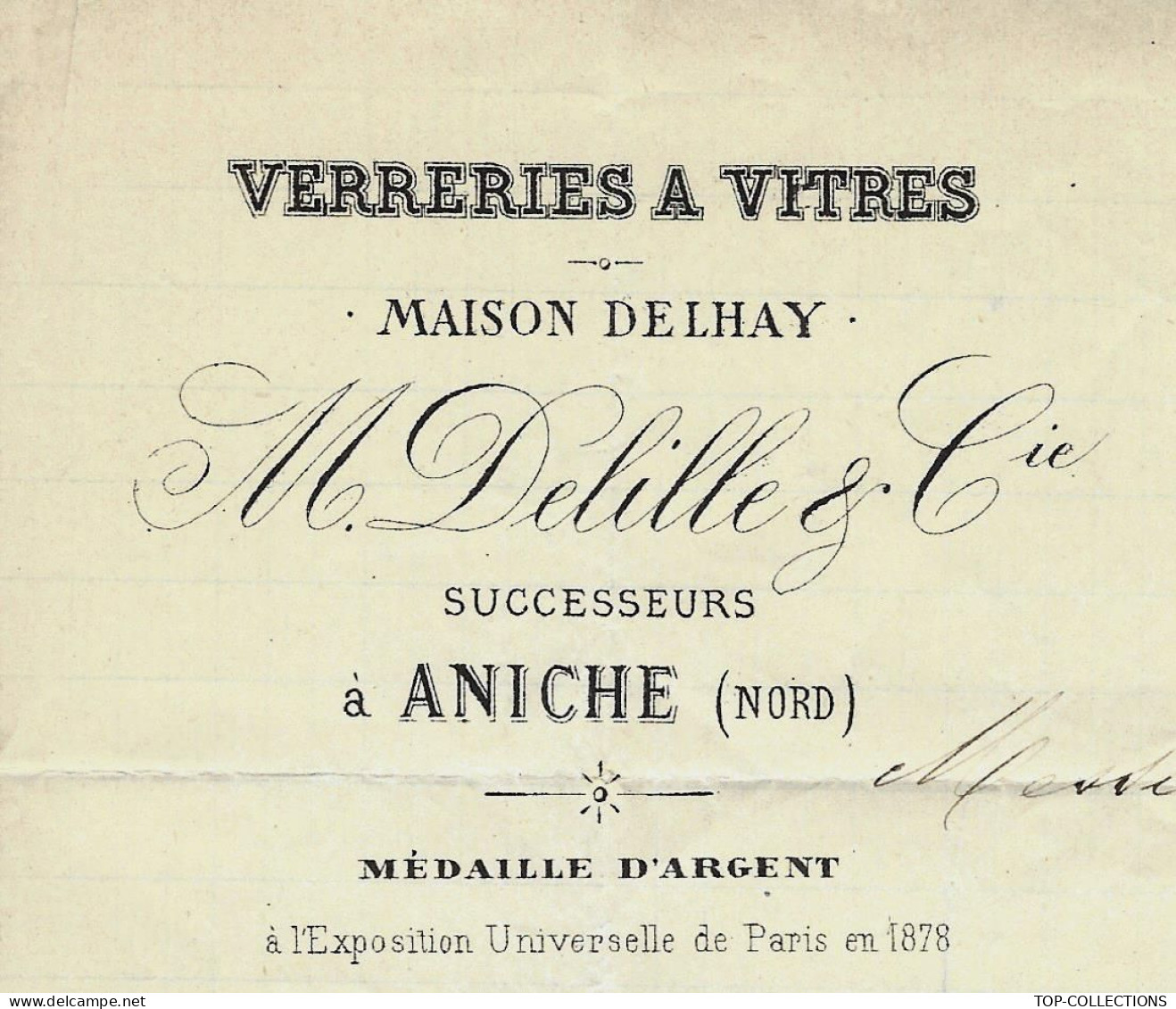 1881 INDUSTRIE DU VERRE DELILLE VERRERIE MAISON DELHAY Saint Martin à ANICHE Nord Pour Gournay En Bray VOIR HISTORIQUE - 1800 – 1899