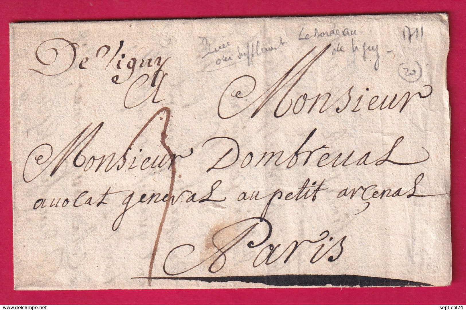 MARQUE MANUSCRIT DE VIGNY LE BORDEAU DE VIGNY SEINE ET OISE 1711 LENAIN N°3 INDICE 20 POUR PARIS LETTRE - 1701-1800: Precursors XVIII
