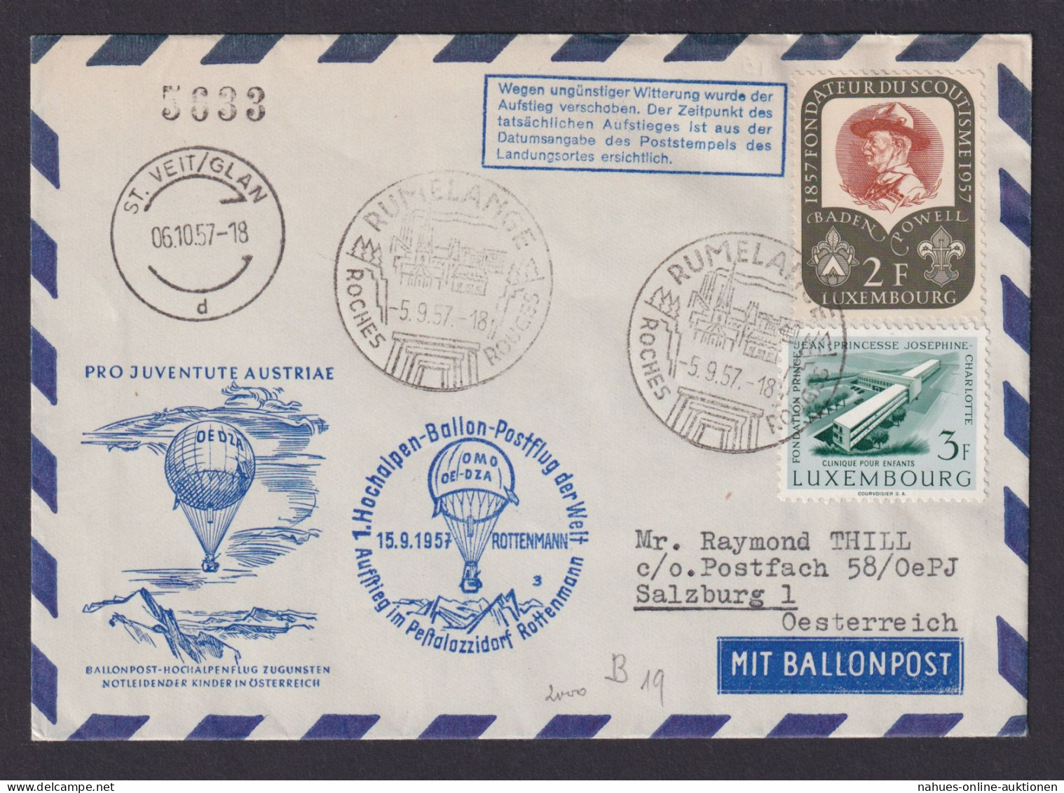Flugpost Luxemburg 1. Hochalpen Ballon Postflug Der Welt Rottenmann Rumellange - Lettres & Documents