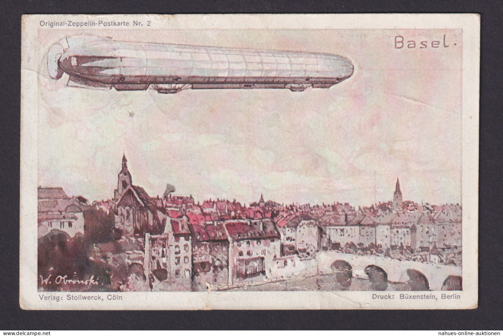 Zeppelin Ansichtskarte Nr. 2 Basel Reklame Stollwerck Köln Abb. + Unterschrift - Luchtschepen