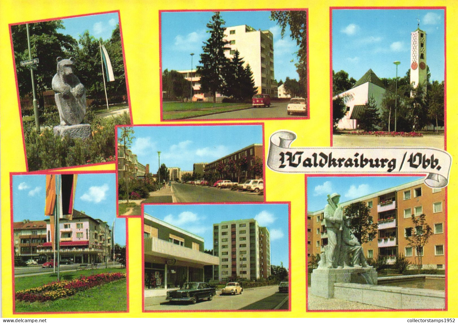 WALDKRAIBURG, BAVARIA, MULTIPLE VIEWS, SCULPTURE, BEAR, ARCHITECTURE,  CARS, TOWER, FLAG, STATUE, GERMANY, POSTCARD - Waldkraiburg